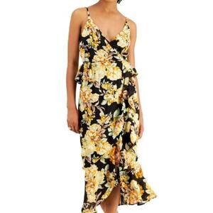 BARDOT SZ S Black Ruffle Hi-lo Floral Faux Wrap Party Midi Dress B114 *flaw